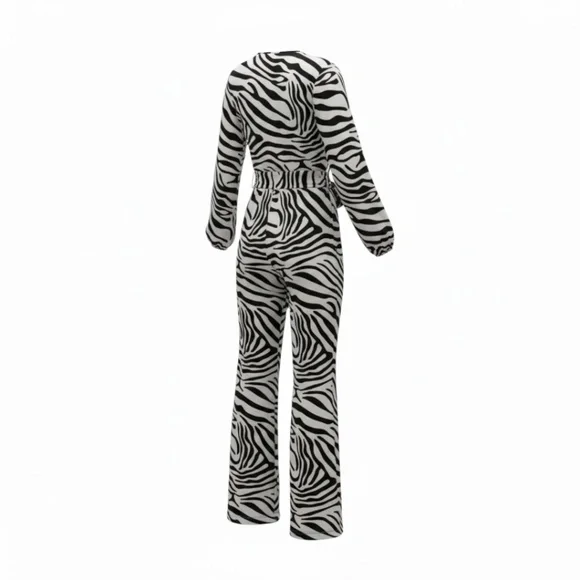 S.DEER Chic Zebra Print Wrap Jumpsuit-Long SleeveBelted V-Neck, Trendy NWT - Picture 4 of 4